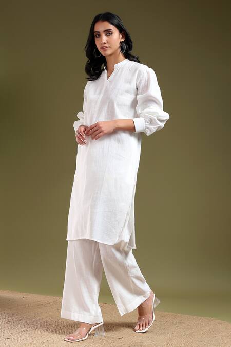 Buy_Tashee_White Linen Mandarin Collar Ivory Kurta With Pant 