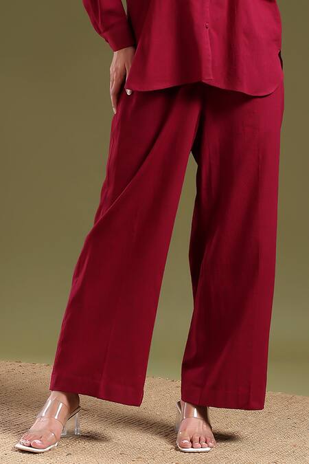 Tashee_Maroon Linen Mandarin Collar Shirt And Pant Coord Set _Online_at_Aza_Fashions