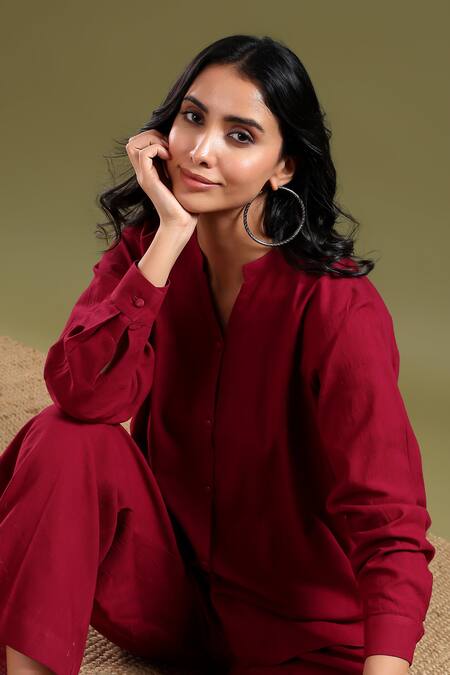Buy_Tashee_Maroon Linen Mandarin Collar Shirt And Pant Coord Set _Online_at_Aza_Fashions
