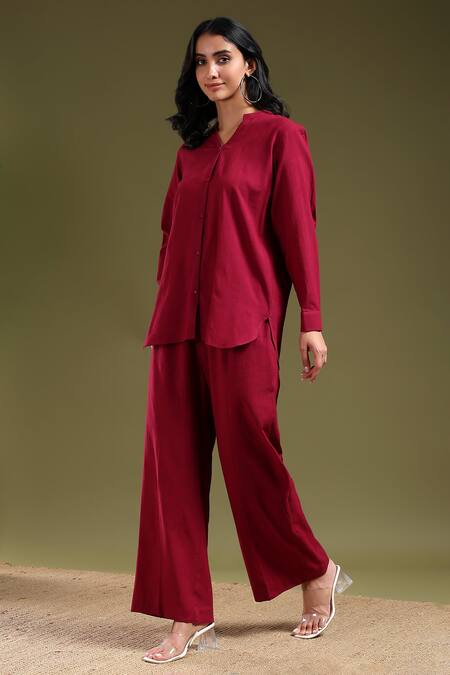 Shop_Tashee_Maroon Linen Mandarin Collar Shirt And Pant Coord Set _Online_at_Aza_Fashions