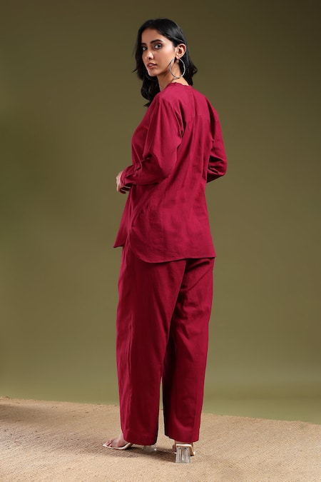 Tashee Maroon Linen Shirt & Pant Coord Set 