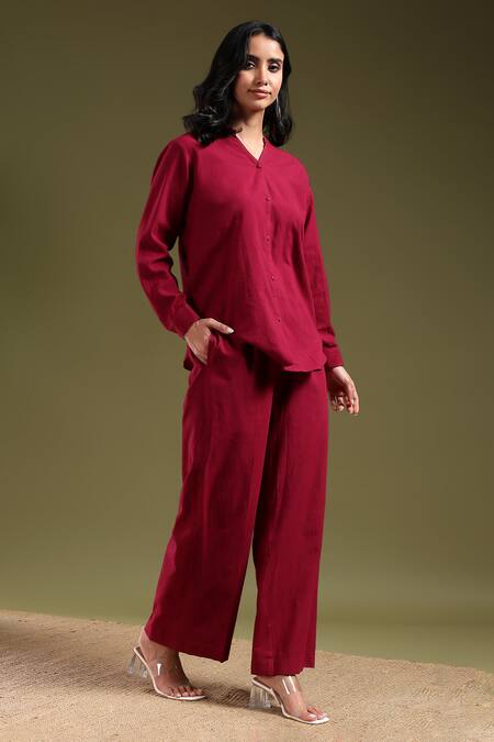 Tashee_Maroon Linen Mandarin Collar Shirt And Pant Coord Set _at_Aza_Fashions