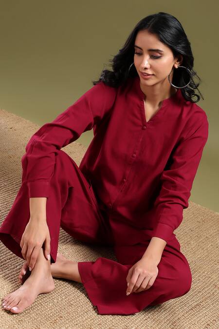 Buy_Tashee_Maroon Linen Mandarin Collar Shirt And Pant Coord Set 