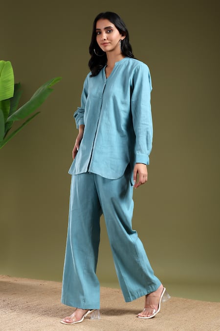 Shop_Tashee_Blue Linen Mandarin Collar Powder Shirt And Pant Set _Online_at_Aza_Fashions