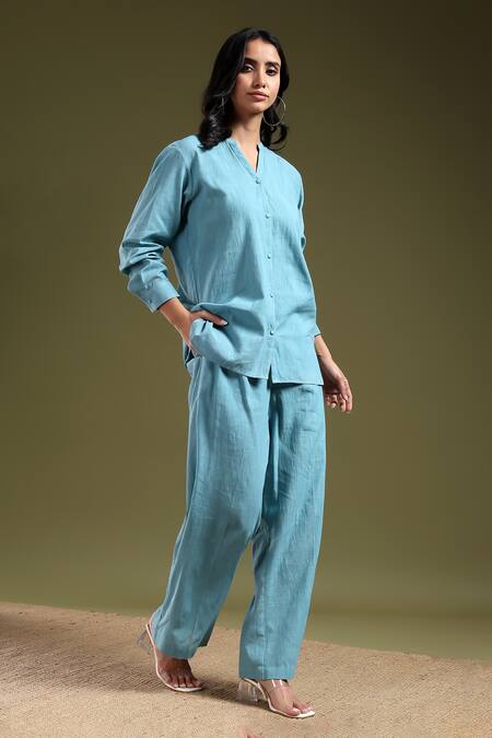Tashee_Blue Linen Mandarin Collar Powder Shirt And Pant Set _at_Aza_Fashions
