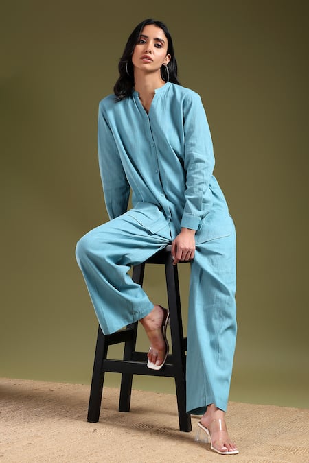 Buy_Tashee_Blue Linen Mandarin Collar Powder Shirt And Pant Set 