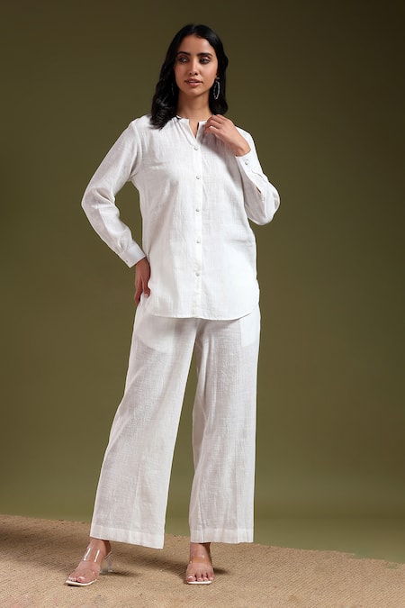Tashee Ivory Linen Mandarin Collar Shirt And Pant Coord Set 