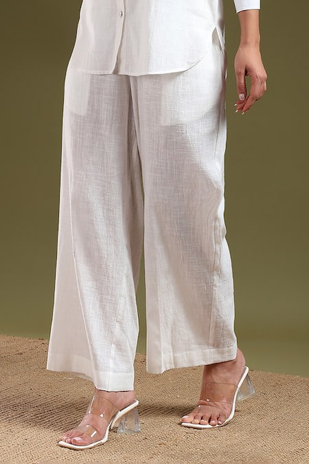 Tashee_Ivory Linen Mandarin Collar Shirt And Pant Coord Set _Online_at_Aza_Fashions