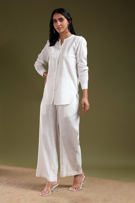 Buy_Tashee_Ivory Linen Mandarin Collar Shirt And Pant Coord Set _Online_at_Aza_Fashions