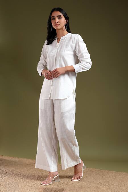 Shop_Tashee_Ivory Linen Mandarin Collar Shirt And Pant Coord Set _Online_at_Aza_Fashions