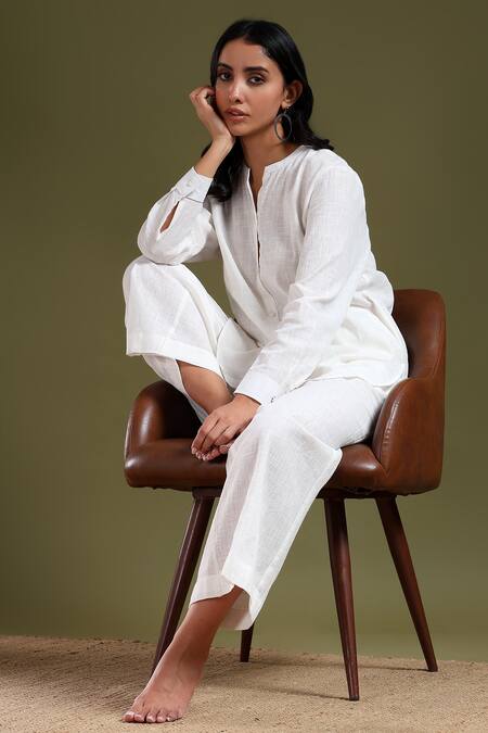 Tashee_Ivory Linen Mandarin Collar Shirt And Pant Coord Set _at_Aza_Fashions
