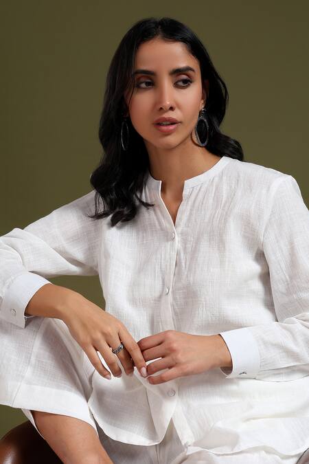 Buy_Tashee_Ivory Linen Mandarin Collar Shirt And Pant Coord Set 