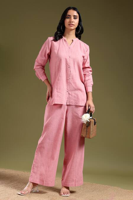 Tashee_Pink Linen Mandarin Collar Shirt And Pant Coord Set _Online_at_Aza_Fashions