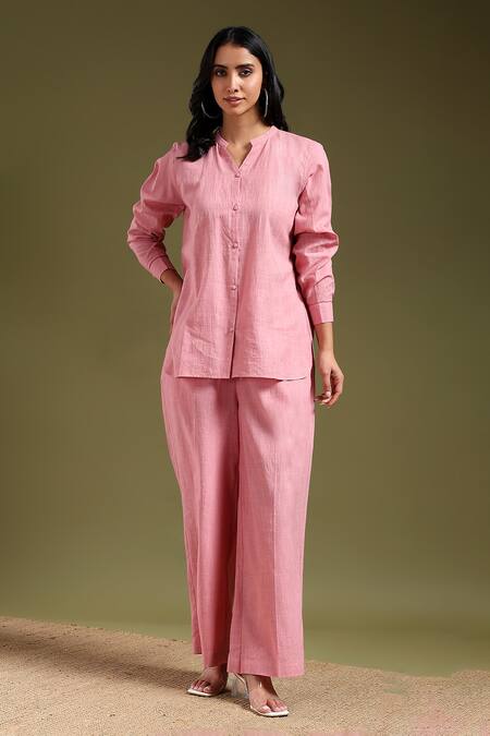 Buy_Tashee_Pink Linen Mandarin Collar Shirt And Pant Coord Set _Online_at_Aza_Fashions
