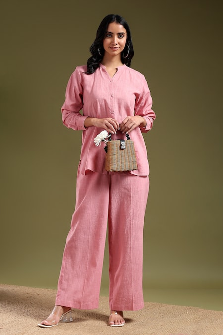 Tashee Pink Linen Mandarin Collar Shirt And Pant Coord Set 