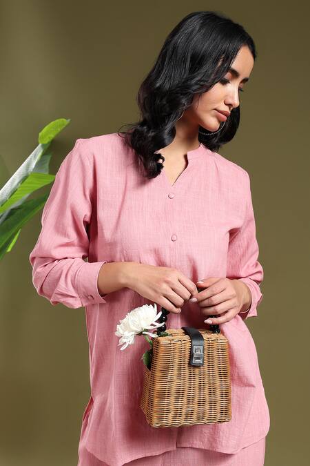 Tashee_Pink Linen Mandarin Collar Shirt And Pant Coord Set _at_Aza_Fashions