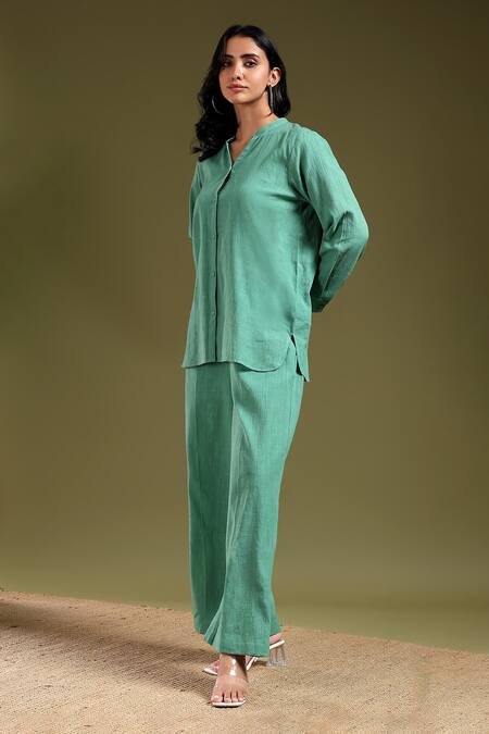 Tashee_Green Linen Mandarin Collar Sage Shirt And Pant Set _Online_at_Aza_Fashions