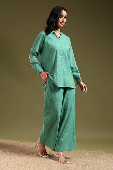 Buy_Tashee_Green Linen Mandarin Collar Sage Shirt And Pant Set _Online_at_Aza_Fashions