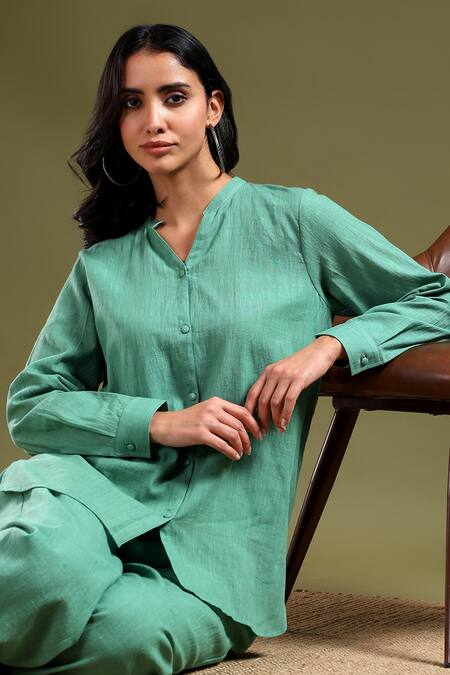 Shop_Tashee_Green Linen Mandarin Collar Sage Shirt And Pant Set _Online_at_Aza_Fashions