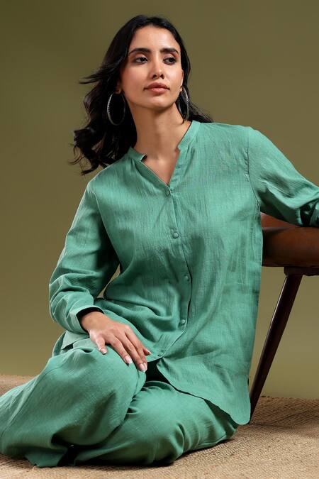Tashee_Green Linen Mandarin Collar Sage Shirt And Pant Set _at_Aza_Fashions