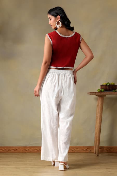 Tashee Rust Embroidered Jacket Top & Ivory Pants 
