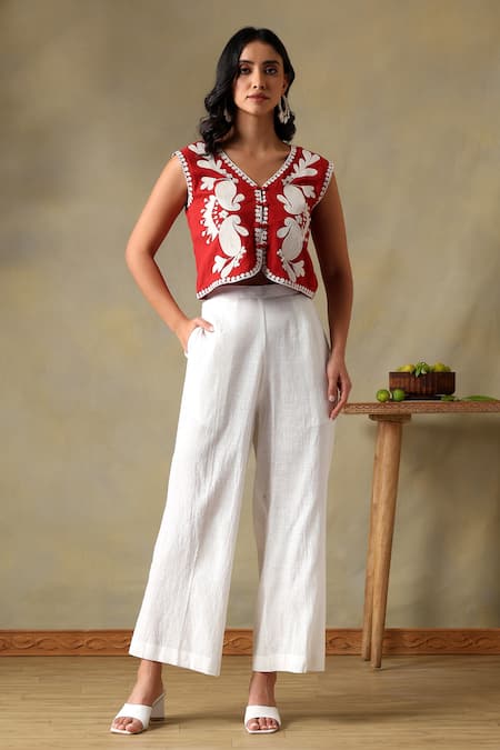 Tashee Rust Cotton Embroidery V-neck Jacket Top And Ivory Pants 