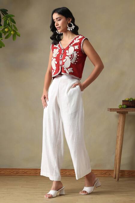 Buy_Tashee_Rust Cotton Embroidery V-neck Jacket Top And Ivory Pants _Online_at_Aza_Fashions