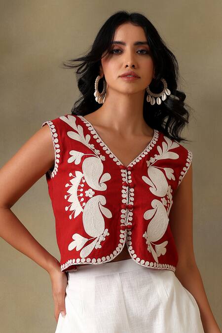 Tashee_Rust Cotton Embroidery V-neck Jacket Top And Ivory Pants _at_Aza_Fashions