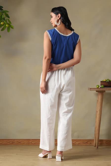 Tashee Blue Embroidered Jacket with Ivory Pants 