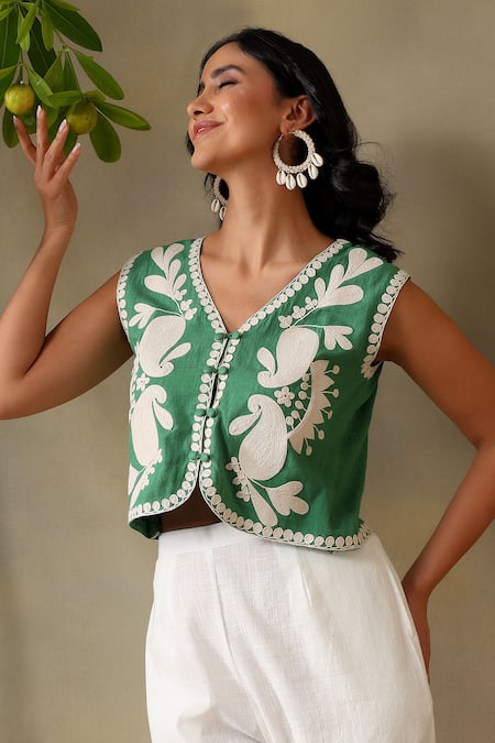 Buy_Tashee_Green , Satin Embroidery V-neck Jacket And Ivory Pants Set _Online_at_Aza_Fashions