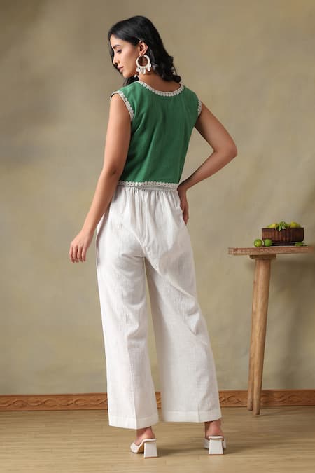 Tashee Green Embroidered Jacket & Ivory Pants Set 