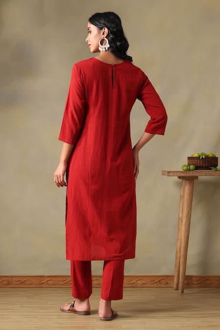 Tashee Rust Embroidered Cotton Slub Kurta Set 