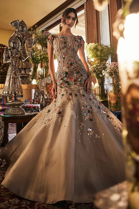 Sahil Kochhar Beige Designer Embroidered Gown 