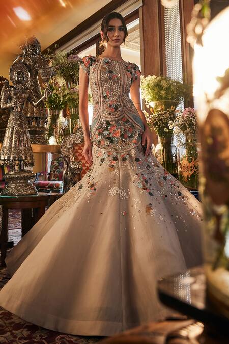 Sahil Kochhar_Beige Organza Sequins Round Neck Designer Embroidered Gown _Online_at_Aza_Fashions
