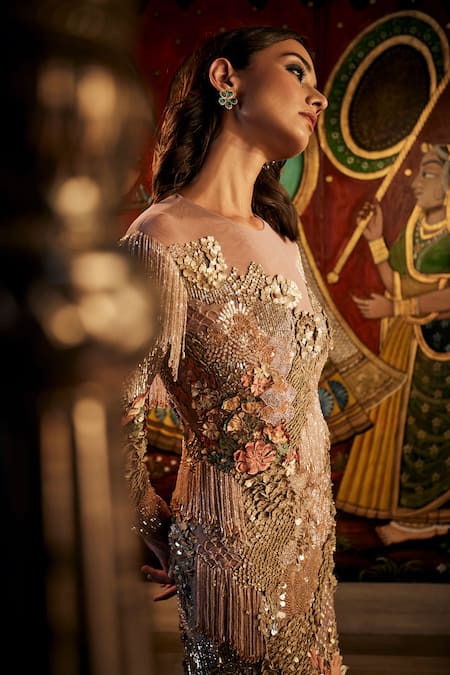 Sahil Kochhar_Pink Net Sequins, Embroidery Boat Neck Designer Embellished Gown _Online_at_Aza_Fashions