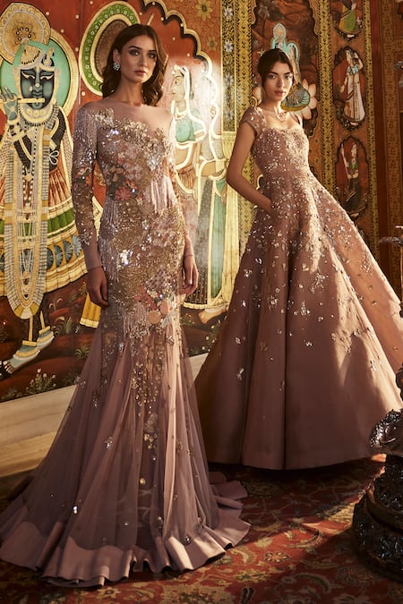 Buy_Sahil Kochhar_Pink Net Sequins, Embroidery Boat Neck Designer Embellished Gown _Online_at_Aza_Fashions