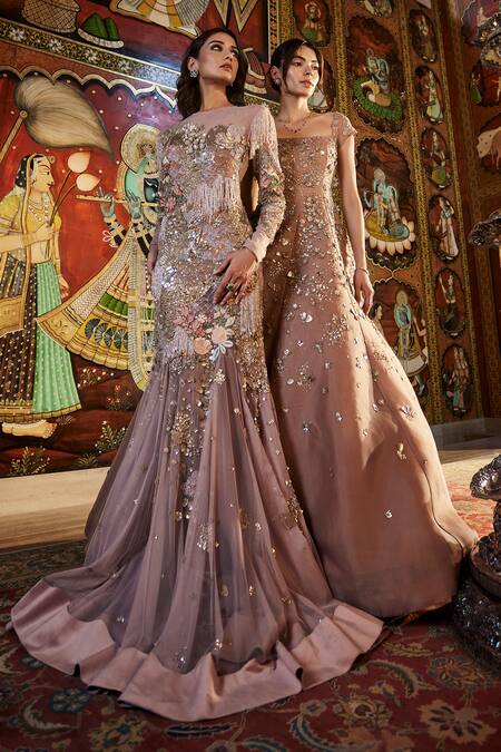 Sahil Kochhar_Pink Net Sequins, Embroidery Boat Neck Designer Embellished Gown _at_Aza_Fashions