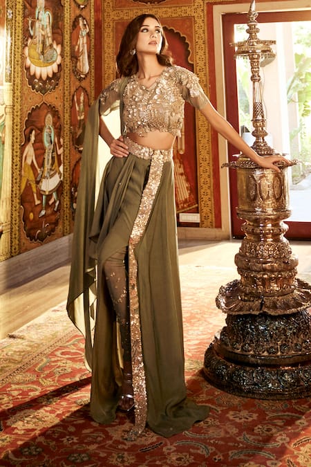 Sahil Kochhar Designer Green Draped Skirt & Top Set 