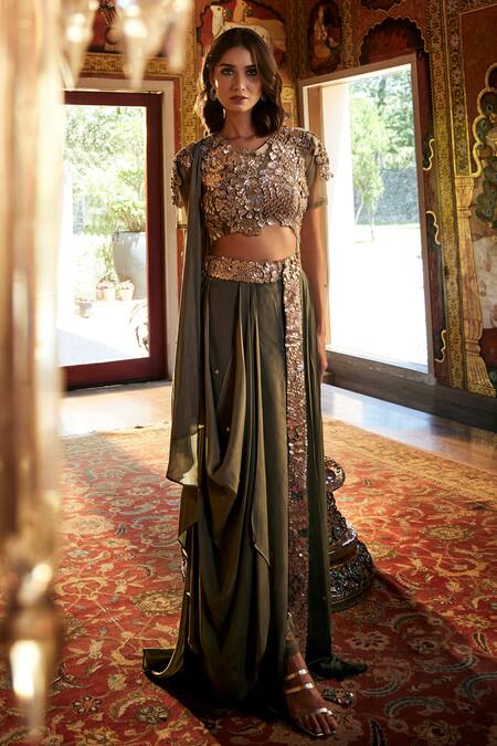 Buy_Sahil Kochhar_Green Viscose, Crepe Sequins, Embroidery, Beads Designer Draped Skirt And Top Set _Online_at_Aza_Fashions