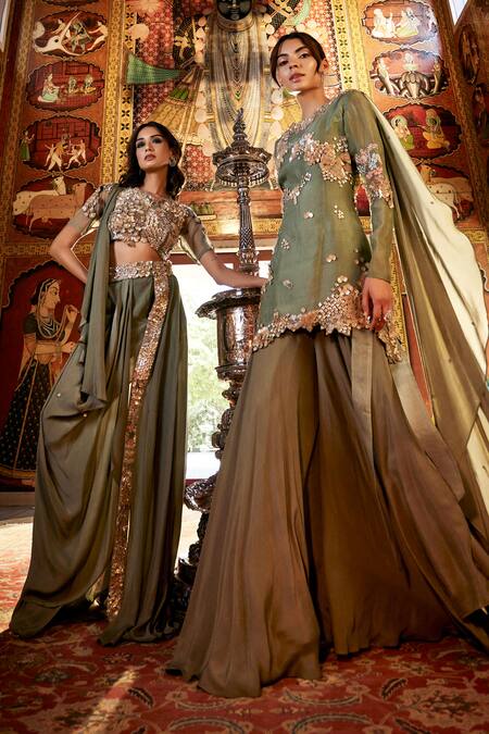 Shop_Sahil Kochhar_Green Viscose, Crepe Sequins, Embroidery, Beads Designer Draped Skirt And Top Set _Online_at_Aza_Fashions