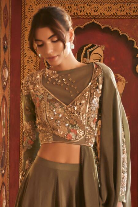 Sahil Kochhar Green Viscose, Crepe Sequins Round Neck Designer Zaira Draped Top And Skirt Set Online at Aza Fashions Sahil Kochhar_Green Viscose, Crepe Sequins Round Neck Designer Zaira Draped Top And Skirt Set _Online_at_Aza_Fashions