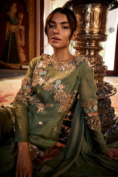 Sahil Kochhar Green Organza, Viscose Embroidery, Beads, Sequins Round Neck Kurta And Sharara Set Online at Aza Fashions Sahil Kochhar_Green Organza, Viscose Embroidery, Beads, Sequins Round Neck Kurta And Sharara Set _Online_at_Aza_Fashions