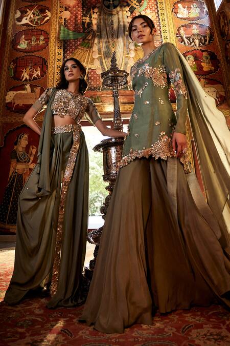 Buy Sahil Kochhar Green Organza, Viscose Embroidery, Beads, Sequins Round Neck Kurta And Sharara Set Online at Aza Fashions Buy_Sahil Kochhar_Green Organza, Viscose Embroidery, Beads, Sequins Round Neck Kurta And Sharara Set _Online_at_Aza_Fashions