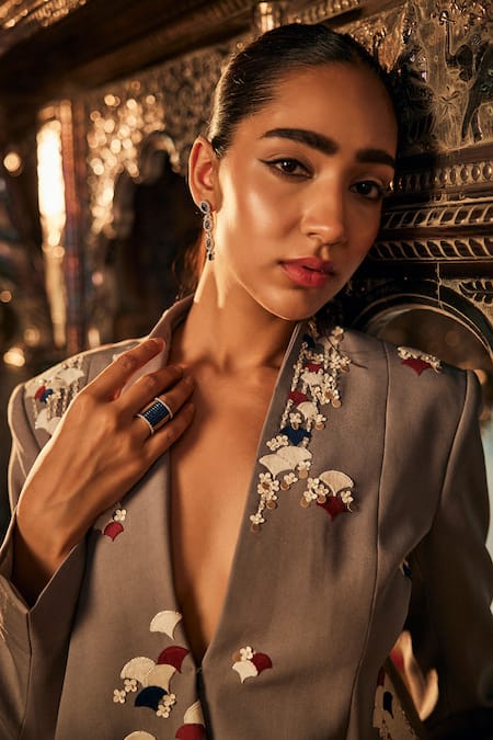 Sahil Kochhar_Gray Viscose Embroidery V-neck Grey Jacket And Trouser Set _Online_at_Aza_Fashions