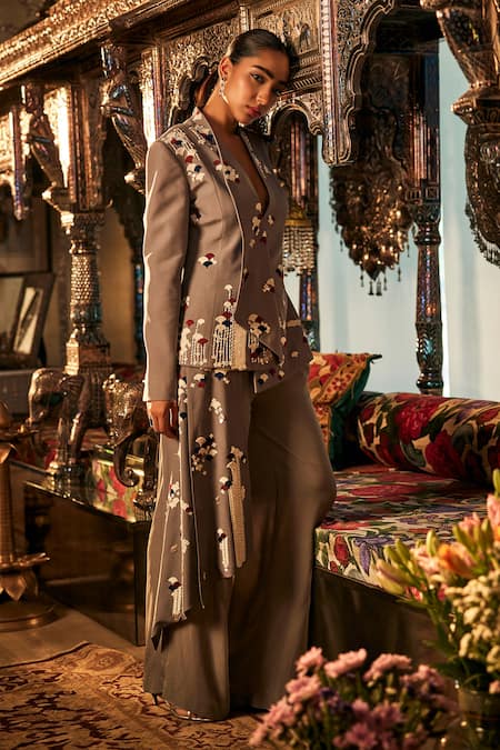 Sahil Kochhar Embroidered Grey Jacket & Trouser Set 
