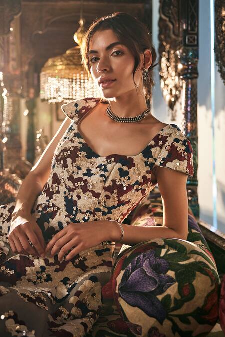 Sahil Kochhar_Gray Organza Sequins, Embroidery Square Neck Grey Floral Designer Gown _Online_at_Aza_Fashions