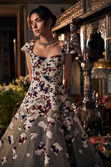 Sahil Kochhar Grey Floral Embroidered Designer Gown 