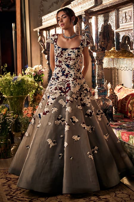 Sahil Kochhar Grey Floral Embroidered Designer Gown 