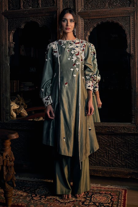 Sahil Kochhar Embroidered Chanderi Kurta Pant Set 