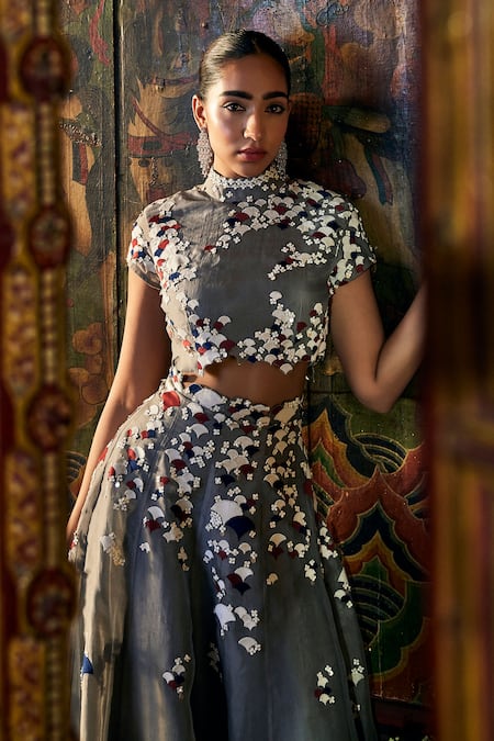 Sahil Kochhar Grey Organza Floral Embroidered Dress Set 